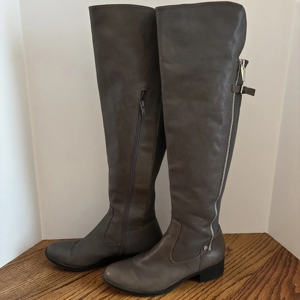 Women's Gray Leather Calvin Klein Over The Knee Boots Size 9